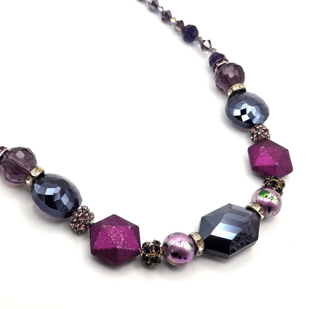 Vintage Purple Multi Bead Statement Necklace Faceted Glass Crystal Rhinestone